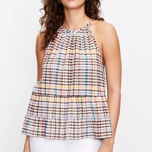 Loft LOFT Plaid Tiered Halter Cami Tank Top Blouse Blue Pink Women’s XS